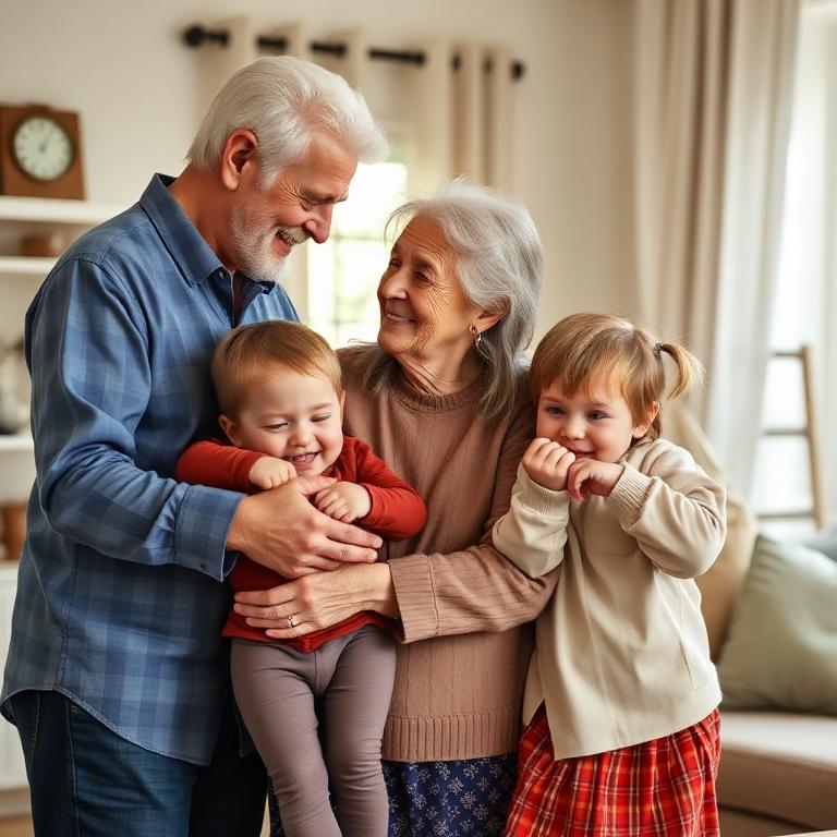 Grandparents embracing their grandchildren at home