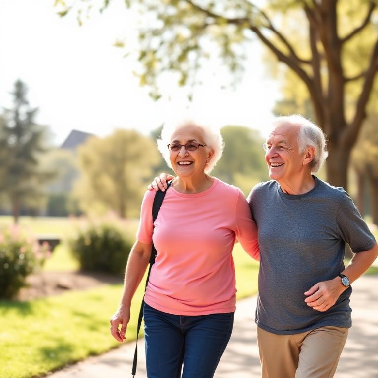 Healthy senior couple walking together in a park